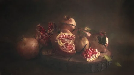 Mörkt stilleben med granatäpple