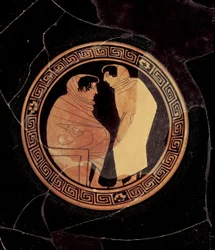 Attic rödfigur kylix som visar en konversation mellan mansfigurer, c.450 f.Kr. (lera) (detalj)