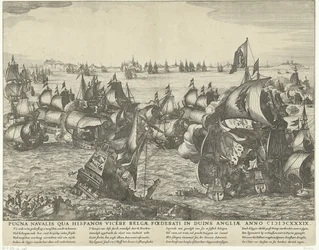 Zeeslag bij Duins, 1639 Sjöstriden där belgierna besegrade spanjorerna i Englands Duins år 1339 (titel på objekt)