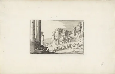 Kuperat landskap med en fontän och herdar Italienska landskap med ruiner (serietitel) Variae antiquitates Romanae (serietitel på objekt)
