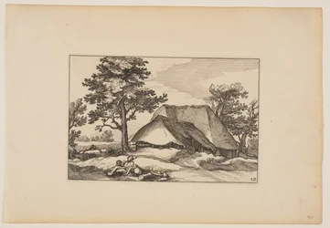 Ladugårdar, rastande hjord och hund i förgrunden, från Landskap (Verscheyden aerdige Lanthuysen...)