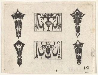 Svarttryck med två horisontella paneler och fyra ramar, ca. 1620.