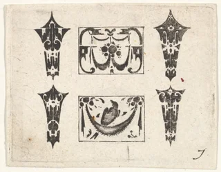 Svartbroderitryck med två horisontella paneler och fyra infattningar, omkring 1620