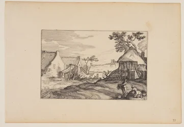 Bondgård Ung man och kvinna i förgrunden, från Landskap (Verscheyden aerdige Lanthuysen...)