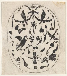 Ovalt svarttryck med fåglar, insekter och frukter, ca. 1620.