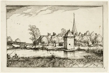 Damm och en by, plansch femton efter Bilder av gårdar, lanthus och rustika byar (Praediorum villarum et rusticarum casularum icones)