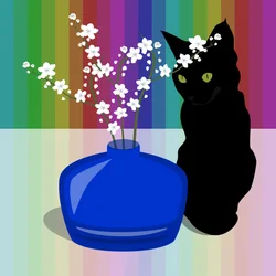 Blå glasvas med blomma och svart katt