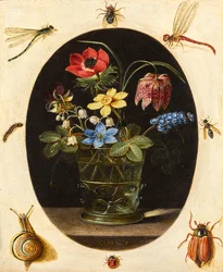 Stilleben med blommor omgivna av insekter och en snigel