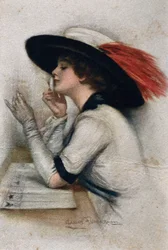 En elegant ung kvinna som röstar i valet 1920 i USA, 1900-talet (färg litho)