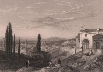 Panoramautsikt över staden Verona från kyrkan San Zeno i Monte, Veneto, Italien, stålstick av S Fisher efter teckning av Clarkson Stanfield (1793-1867), cirka 14x12 cm