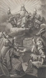 Allegorisk figur som dyker upp på molnen över huvudet medan en grupp män som samlats nedan ser ut..., 1728.