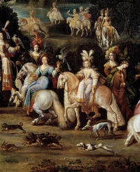 Ecuyeres jaktfalk Detalj från en målning av Claude Deruet (1588-1662). Dämpa. 1,14 x 2,58 m