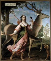 Porträtt av Marie de Rohan-Montbazon, hertiginna av Luynes och sedan Chevreuse (1600-1679). Den unga kvinnan är avbildad som jaktgudinnan Diana, med en hjort. Målning tillskriven Claude Deruet (1588-1662), 1627. H. 2,4 x 1,95 m