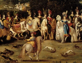 De fyra elementen. Luftdetalj: Ecuyere jaktfalk. Målning av Claude Deruet (1588-1662)