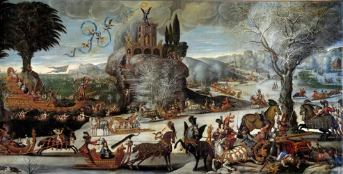 De fyra elementen: Vattenscen vinterlandskap, Kung Ludvig XIII är representerad i Neptunus, Anne av Österrike i Amfitrit, Prins och blivande kung Ludvig XIV på en båt. Målning av Claude Deruet (1588-1662). Dämpa. 2,27 x 1,12 m. 1640-1641. Orleans. Museum a