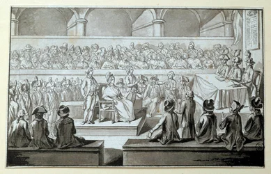 Drottning av Frankrike Marie Antoinette inför revolutionsdomstolen: dagarna 14,15,16/10/1793 Den advokat som tog sitt försvar i hans fall är Claude Francois Chauveau-Lagarde (1756-1841). Ritning i svart bläck Dim. 0,097x0,15 m. Paris, Louvren