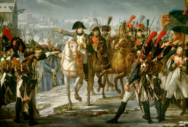 Kejsar Napoleon I (1769-1821) harrangerade den stora arméens 2:a kår på bron Lech före attacken av Augsburg 1805-10-12 Målning av Claude Gautherot (1769-1825) 1808 Sön. 3,85x6,2 m