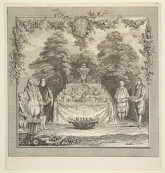 Mellanmålet tillagat i en trädgård.n.d. Skapare: Claude Gillot, Jacques Gabriel Huquier.