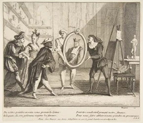 Pierrot och Scaramouche visar porträttet av Harlequin.n.d. Skapare: Claude Gillot, Jacques Gabriel Huquier.