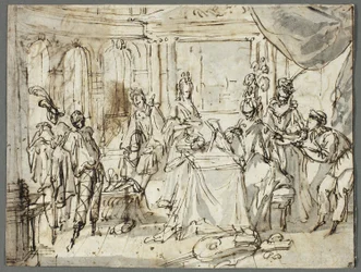 Skådespelarna gör sig redo (recto); Studier av den heliga familjen och Johannes Döparen (verso)