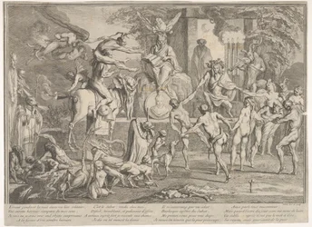 Häxsabbat i ett nattligt landskap, en nekromant sittande högst upp i mitten, ca 1700-1720