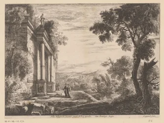 Landskap med figurer framför en antik ruin