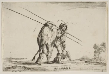 Plåt 13: Två gäddar som går åt höger med var sin gädda i sin högra hand..., 1642.