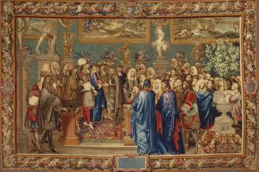 En audiens beviljad av Ludvig XIV till greven av Fuentes... vid Louvren, 24 mars 1662, ca 1730.