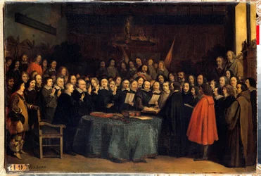Westfaliska freden: edsavläggelsen efter ratificeringen av freden mellan spanjorerna och nederländarna i Münsters rådhus den 15/05/1648. Den avslutade trettioåriga kriget. Målning av Claudius Jacquand