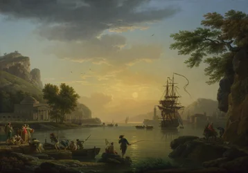 Landskap vid solnedgång med fiskare som återvänder med sin fångst, 1773