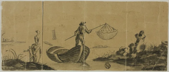 Chinoiserie med man som fiskar från båt, kvinna och barn som står på stranden