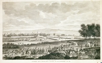 Franska soldaters intåg i Turin, ca 1796 (etsning)