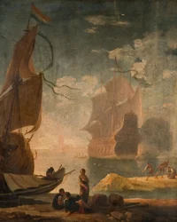 Hamnscen med krigsmän och figurer på en kaj, 1825.