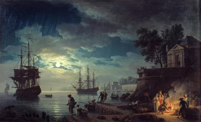 Fiske i månsken. Nattvy över en hamn med män som gör upp en lägereld. Målning av Joseph Vernet