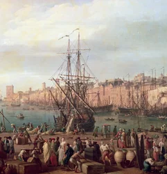 Morgonvy över Marseilles inre hamn och paviljongen Horloge du Parc, 1754 (detalj av 156103)