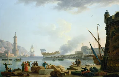 Lanseringen av krigsskeppet vid mynningen av en hamn, 1781