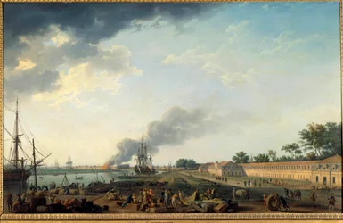 Vy över hamnen i Rochefort och det kungliga repslageriet. Målning av Joseph Vernet (1714-1789), 1762. Paris, Musée de la Marine.