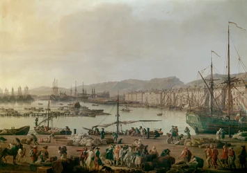 Utsikt över hamnen i Toulon. Detail, den gamla hamnen, utsikt från butikernas kust. Målning av Joseph Vernet (1714-1789) 1756. Paris, Musee de la Marine - Utsikt över hamnen i Toulon. Detalj. Målning av Joseph Vernet (1714-1789), olja på duk