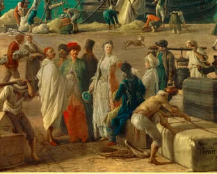 detalj av: Marseilles hamn på 1700-talet”” Detalj som representerar lossningen av varor. Målning av Joseph Vernet (1714-1789) 1700-talets Paris. Marinmuseum