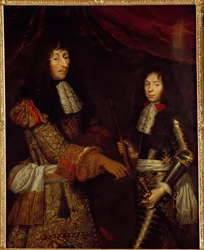 Porträtt av Ludvig II Prins av Bourbon (Bourbon-Conde) (1621-1686) känd som Grand Conde och hans son Henri Jules hertig av Enghien (1643 - 1709). Målning av Claude Lefebvre (1632-1675)