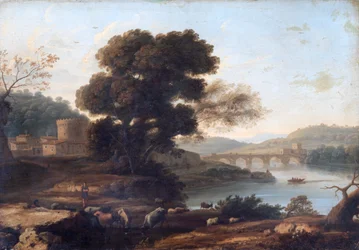 Pastoralt landskap med Ponte Molle, Rom (olja på duk)