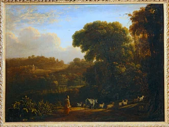 Paysage au soleil couchant - Landskap med en nedgående sol ...