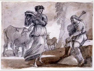 Landsbygdsdans (svart & röd krita och tvätt på papper)
