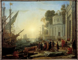 Klart från Kleopatre till Tarsus. Cleopatre, drottning av Egypten möter Marc Antoine, i Tarsus (provinsen Kilikien, Turkiet) år 41 f.Kr. Målning av Claude Gellee Dit Le Lorrain (1600-1682)