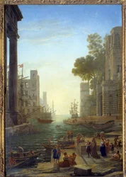 Landskap med båten av Saint Paula Romana vid Ostia. Saint Paula lämnar sina barn för att resa till det heliga landet. Canvas, 211 x 145 cm - Boarding från Sainte Paule till Ostia. St Paule (347-404 eller 407), romersk änka, lärjunge till Sankt Hieronymus. 