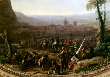 Ludvig XIII (1601-1643) tvingade fram Pas de Susa nära Turin, försvarade av hertigen av Savojens styrkor 1629. Detalj. Målning av Claude Gellee dit le Lorrain (1600-1682) Paris, Louvren