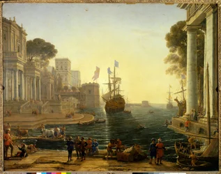 Ulysses ger Chryseis till sin far. Olja på duk. Mått: 1,19 x 1,50 m. Målning av Claude Gellee Dit Le Lorrain (1600-1682)