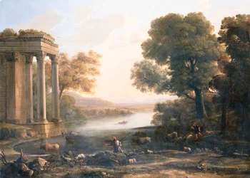 Ett pastoralt landskap med ruinerat tempel, c.1638