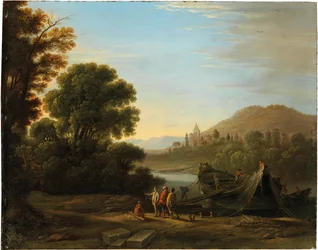 Franska: Paysage avec personnages chargeant du bois sur un bateau Landskap med figurer som lastar timmer på en båt