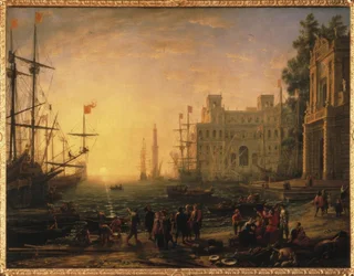 Idealisk utsikt över hamnen med Villa Medici